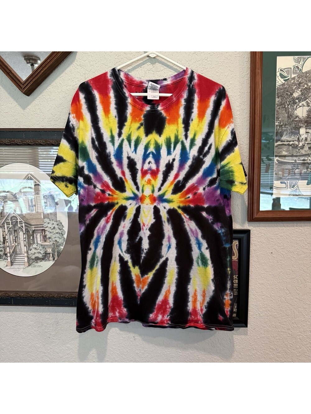 Vintage‎ 90s Hand Dyed Tie Dye Colorful Tarantula Spider Men’s Shirt Size Large